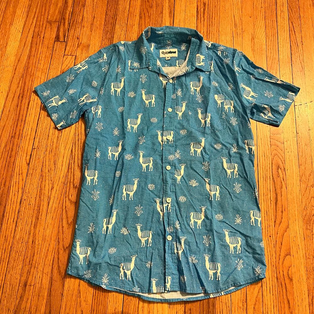 Tipsy Elves Shirt Mens Large Blue Button Short Sleeve Llama Christmas